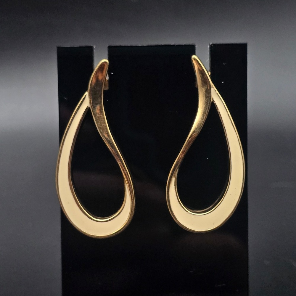 Avon 1986 Color Swirl Earrings Cream Enamel Gold Tone Twist Vintage Pierced